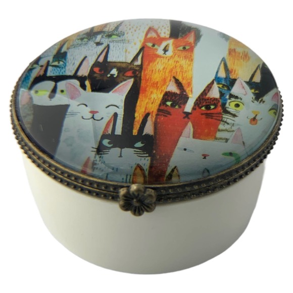 Value Arts Other - Colorful Whimsical Cats Trinket Box, Hinged Lid, Ceramic & Glass, 2.25" Diameter